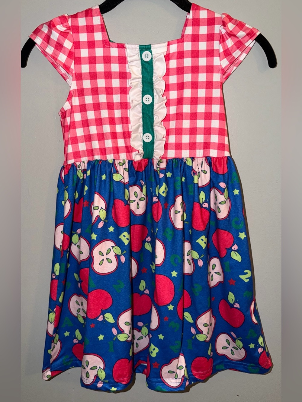 Red and pink Gingham & Blue Apple Ruffle Dress from Marie Nicole Clothing